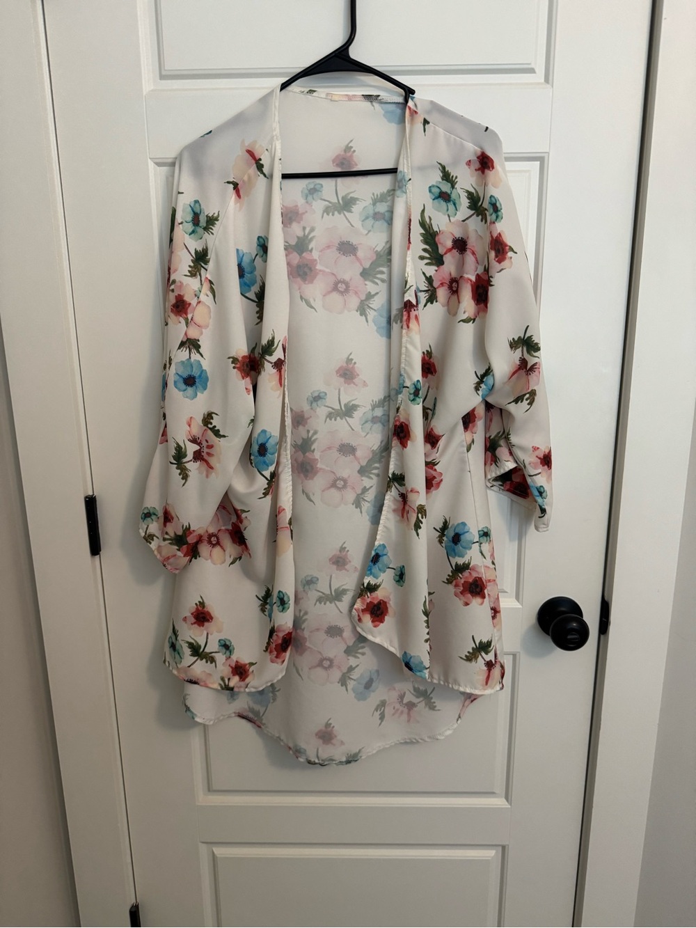 Floral Open-Front Kimono Jacket - White with Blue & Pink Flowers